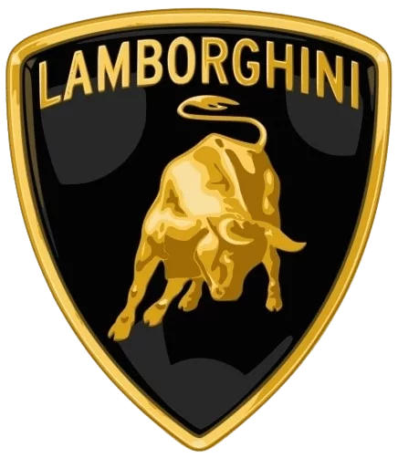 Logo of lamborghini featuring a golden bull on a black shield with the brand name at the top.