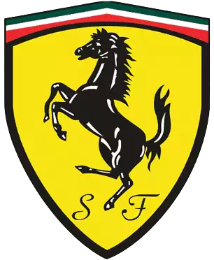 Shield-shaped logo with a black prancing horse on a yellow background, topped by a green, white, and red stripe, and the initials 