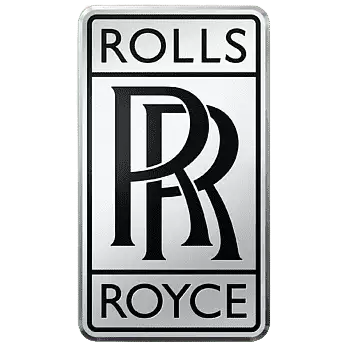 Logo of rolls royce featuring two overlapping rs enclosed within a rectangular frame, accompanied by the brand name below.