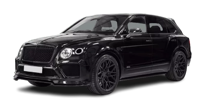Black bentley bentayga suv on a plain background, featuring a prominent front grille and dark wheels.