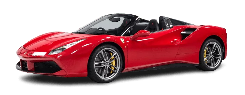 Red convertible sports car with its roof down, displayed on a plain background.