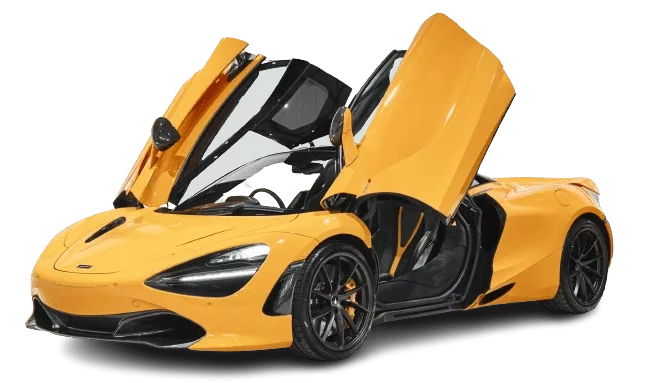 Yellow sports car with upward-opening doors, isolated on a black background.